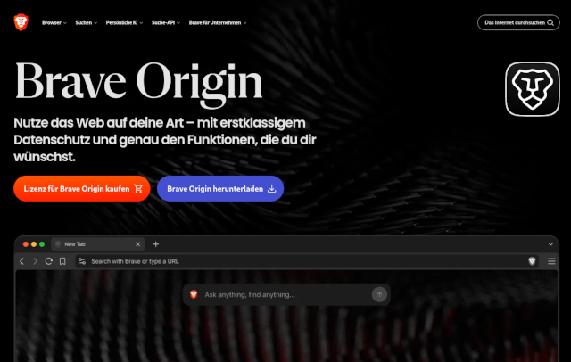 Screenshot der Website, auf der Brave die neue Version Brave Origin ankündigt: &ldquo;Brave Origin - nutze das Web auf Deine Art&rdquo;