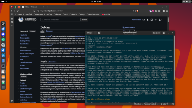 So sieht mein Debian-Desktop bei Nacht aus: GNOME mit ein paar Anleihen an den Ubuntu-Modifikationen, aber ohne Ubuntu-Unterbau