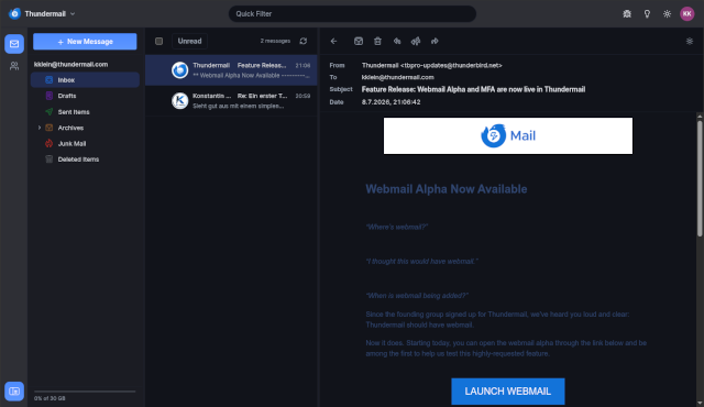 So sieht Thundermail-Webmail bei Nacht aus. Bei Tag ist der Hintergrund logischerweise weiß