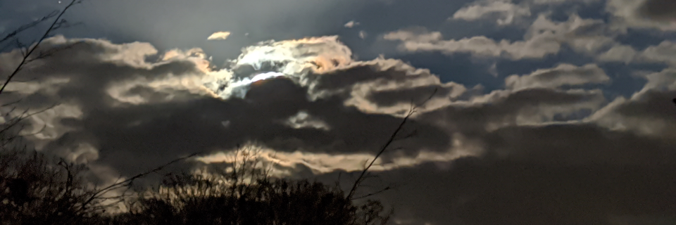 Nächtliche Wolken, von hinten durch den Mond beleuchtet. Im Vordergrund ein kahler Baum